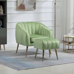 Velvet Accent Sofa Chair with Ottoman,Comfy Living Room Chair Lounge Barrel Chair W/ Adjustable legs