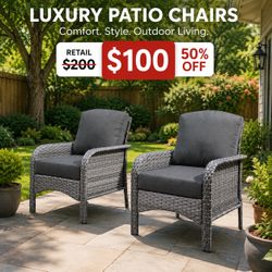 Ovios Set of 2 Wicker Black Metal Frame Stationary Conversation Chair with Black Cushioned Seat