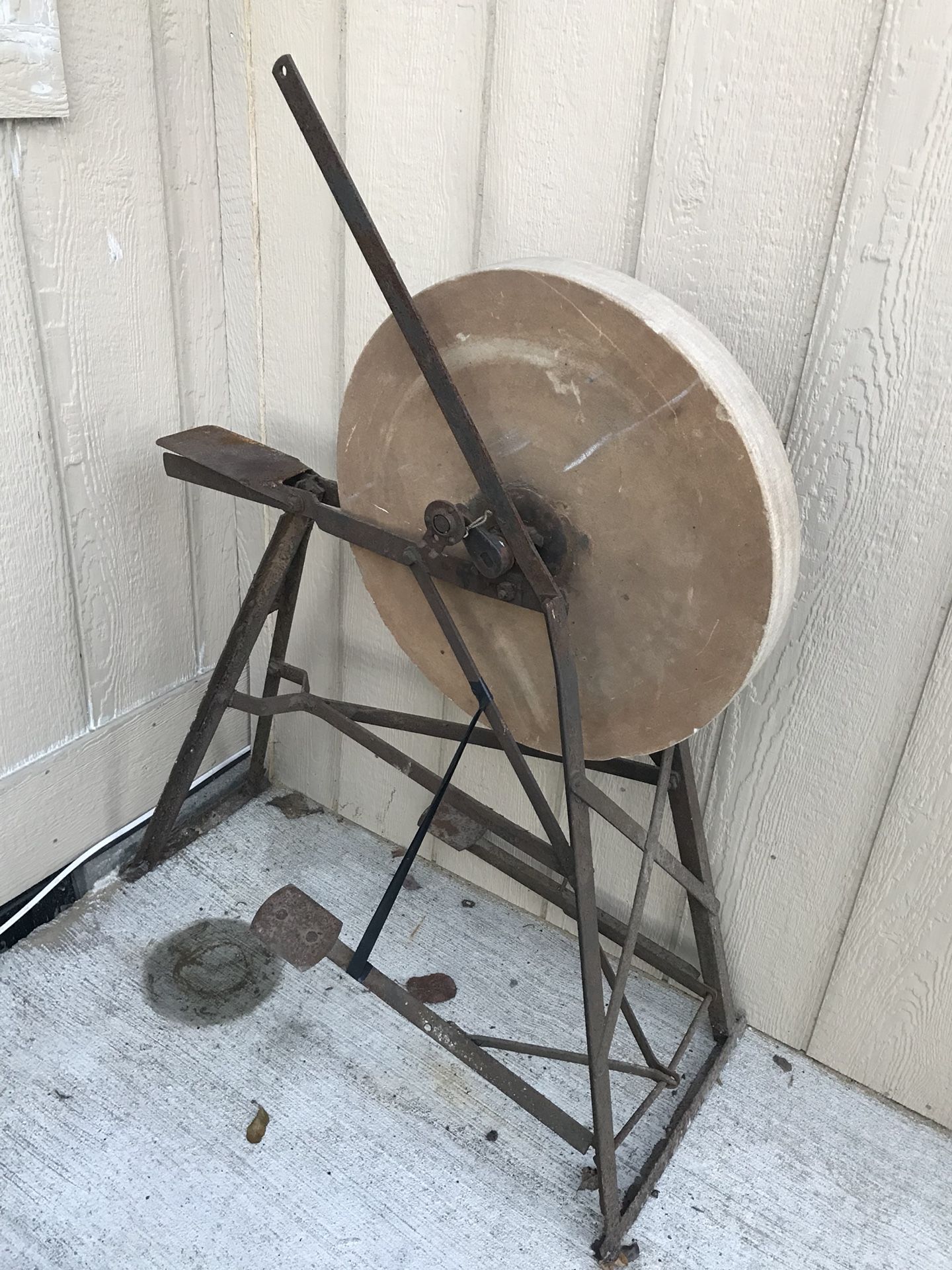 Working Antique Stone Grinding Wheel With Sit Down Pedal Stand