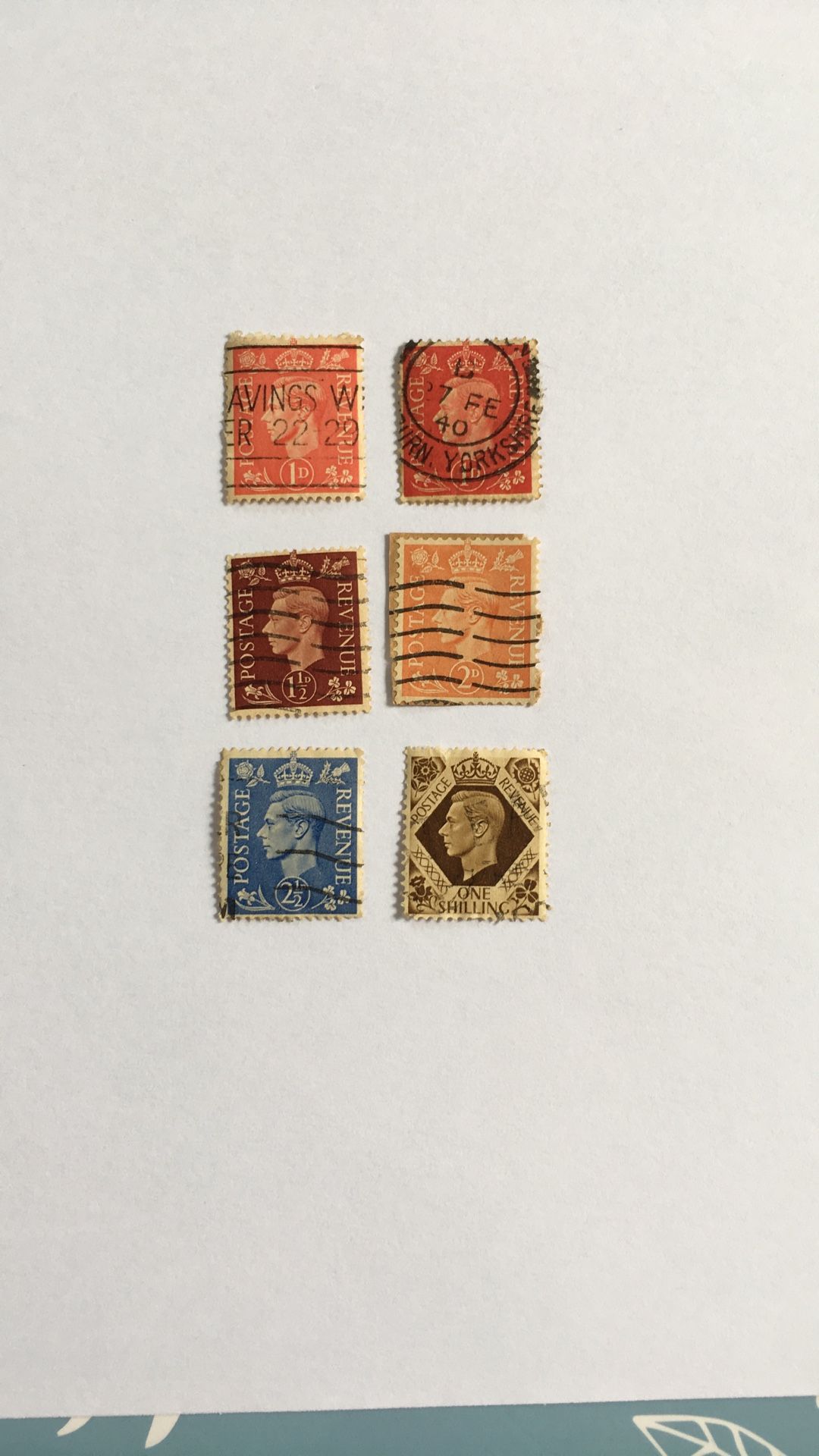 6 King George VI Postage Stamps