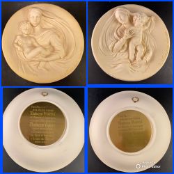 Handmade Limited Ed. Madonna Modesta & Profetica Ivory Alabaster Sculpted Plate Santagela Italy