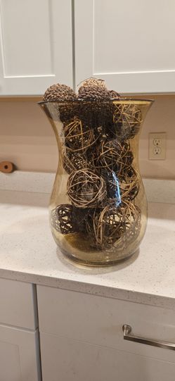 Large Amber Glass Vase with Decorative Balls