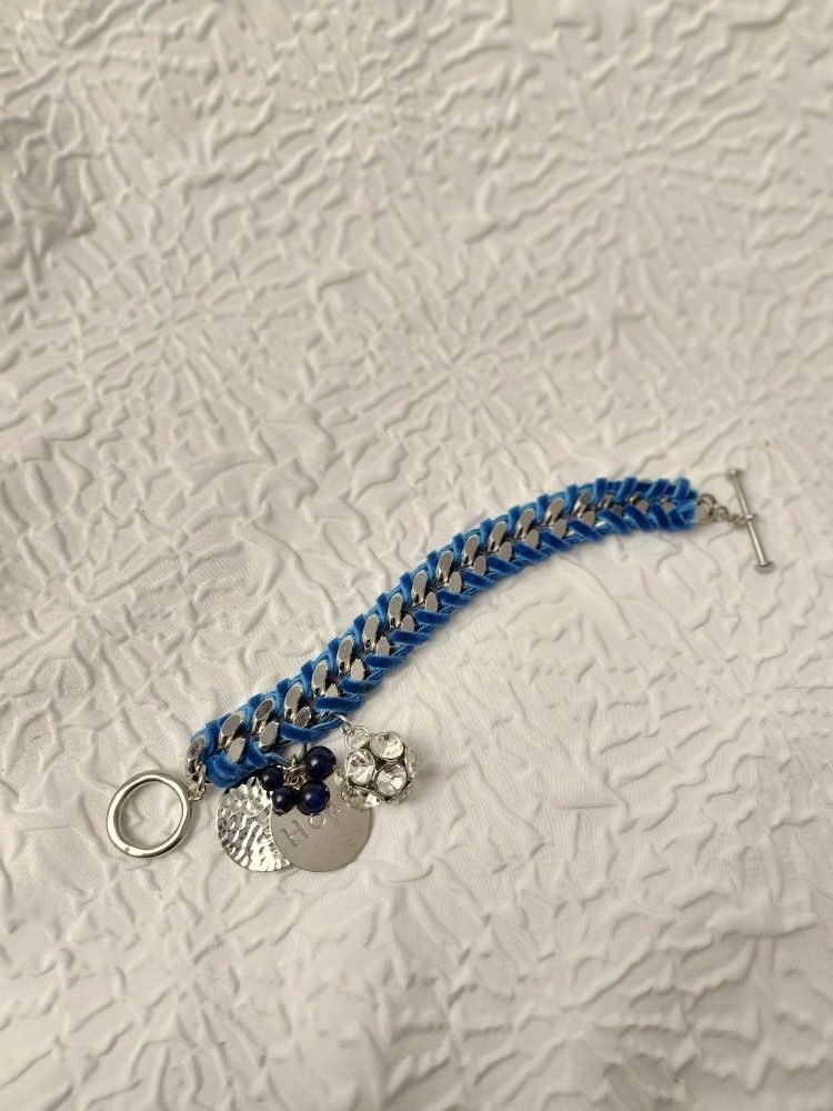 Blue Velvet And Stainless Steel Braided Bracelet With Charms Mint Condition