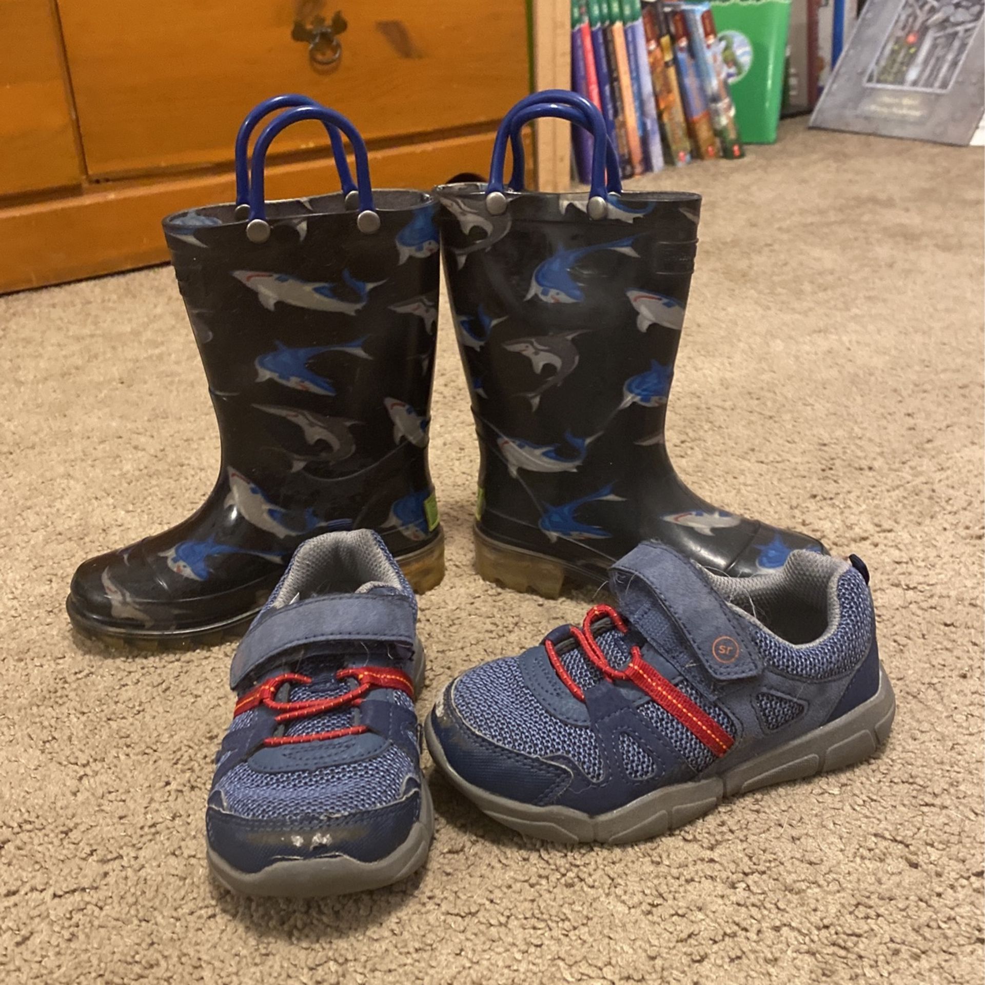 Size 9 Boys Shark Rain Boots, Disney Planes Shoes ,And Gym Shoes 