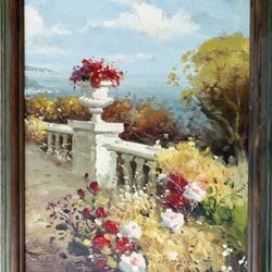 Floral Urn By Seaside Oil Painting 