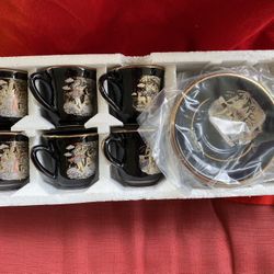 Handmade In Greece 24k Black & Gold Ceramic Cup & Saucer Set Imported From Greece