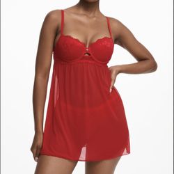 Red Push-Up Babydoll Lingerie Size L Adjustable Back Sheer Lace