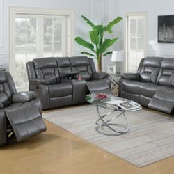 Brand New Grey Leather Gel 3pc Reclining Sofa Set