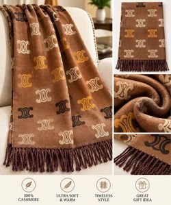 Brown Cashmere Scarf with Fringe and Logo Print