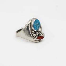 Native American Navajo Sterling Silver Turquoise Coral Ring