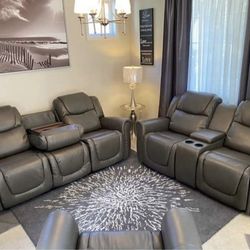 Gray Leather Recliner Living Room Set Include Sofa, Loveseat And Chair 