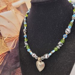 925 STERLING SILVER, EVIL EYE & MALAQUITA STONE, NECKLACES, BEAUTIFUL VINTAGE UNIQUE PIECE OF JEWELRY, #1136
