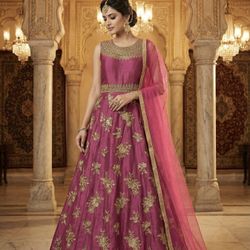Wine Pink Anarkali Gown with Gold Floral Embroidery and Sheer Dupatta