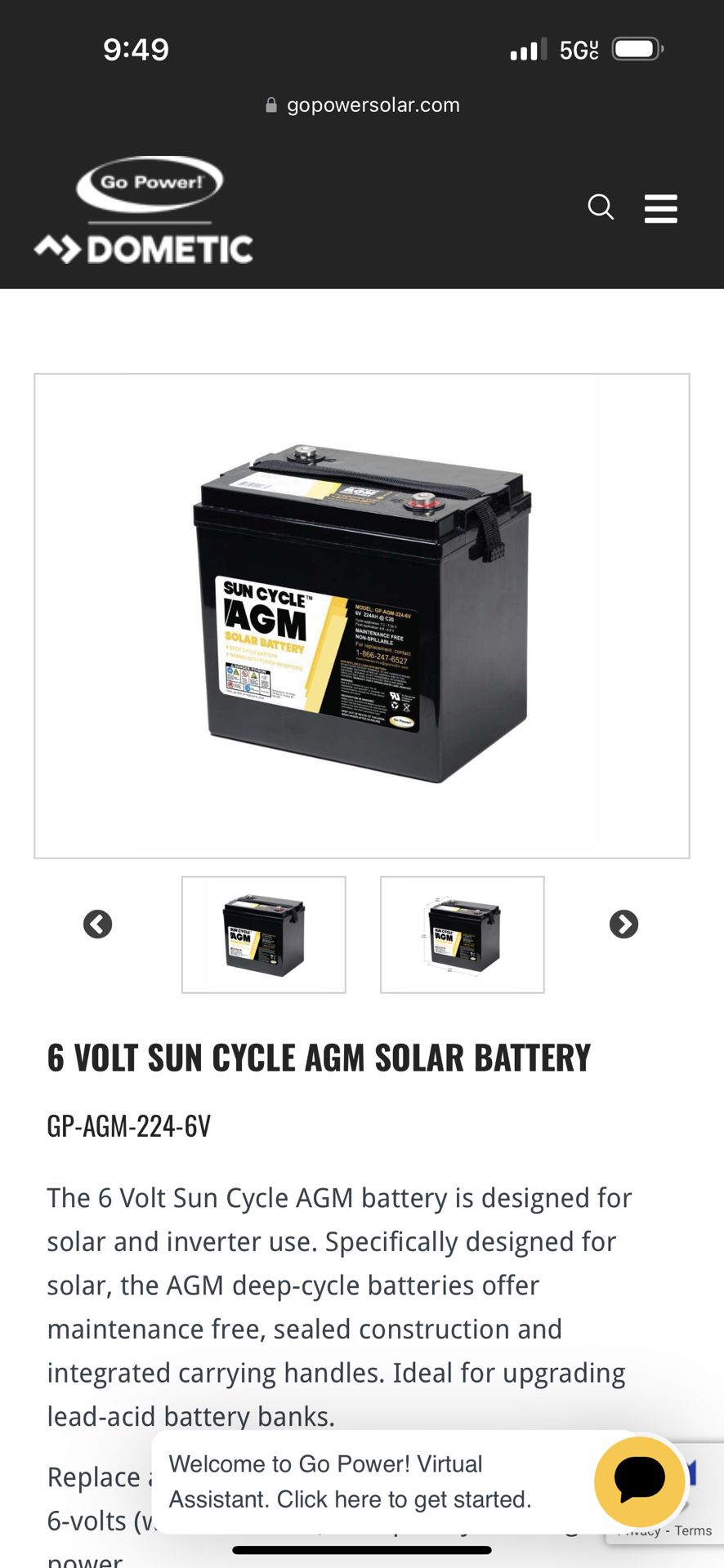 Go-Power Sun Cycle 6V AGM Batteries 