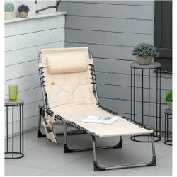  Lounge Chair, Outdoor 6-Level Reclining Camping Tanning Chair with Headrest for Beach, Yard, Patio, Pool, Beige