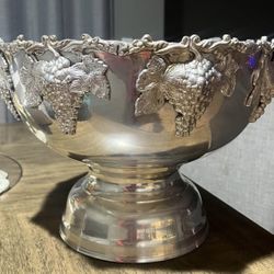 Vintage Silver Plate Footed Champagne Punch Bowl or Wine Chiller with Embossed Grape Wine Motif 15.2