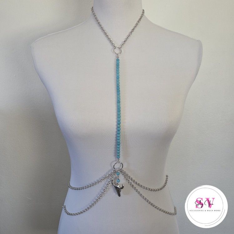 Silver Y-Shaped Body Chain with Turquoise Beads