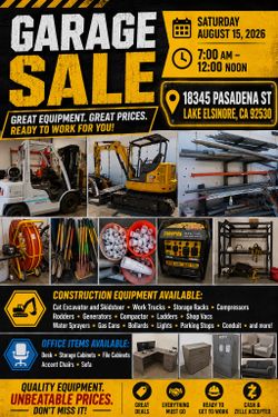 Garage Sale Sat 8/15/26 Truck Forklift Excavator Skidsteer Compressor Tools Conduit Concrete Finisher Generator Rodder Compactor Ladder Racks ShopVac 