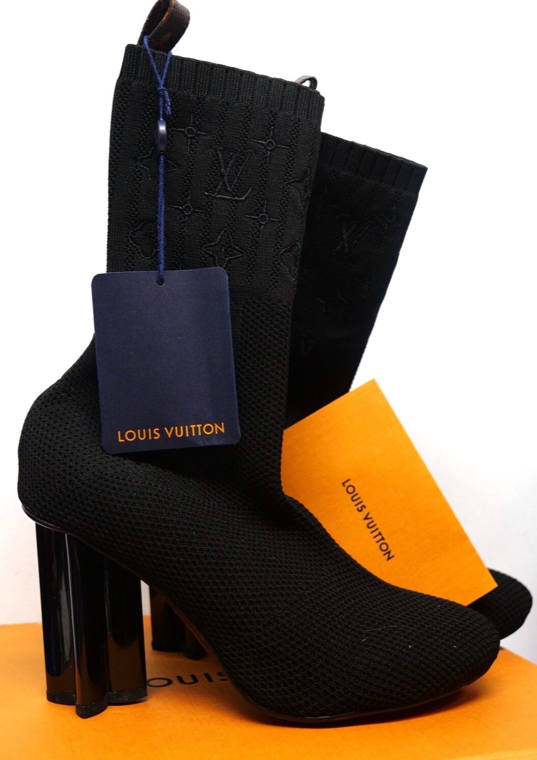 Louis Vuitton Shoes Fabric Silhouette Ankle Boots Black Womens Heel 42 EU, 12 US, made in Italy Bootie Stretch Textile Patent Monogram Canvas