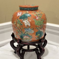 Very Rare Antique Oriental Chinoiserie Chinese Orange Ground Jar with Lid