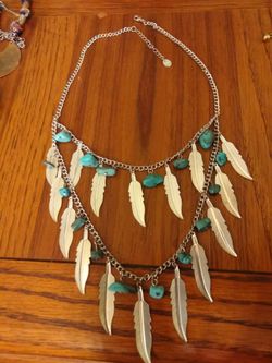 Silvertone feather and turquoise necklace