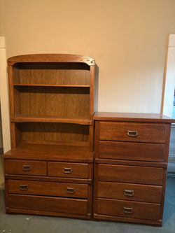 Brown Antique Furniture (bed frame, desk, dresser with mirror, dresser with shelves, and dresser)