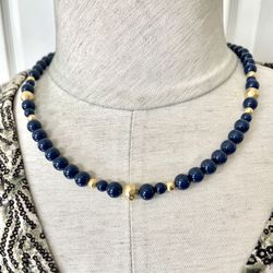 Navy And Gold Tone German Silver Necklace 