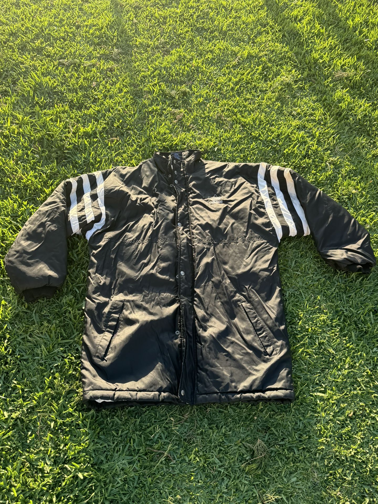 Vintage Adidas Men's Long Puffer Jacket Size Lg Tri foil Full Zip Black Retro