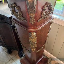 Antique Carved Wood And Bronze Plant Stands