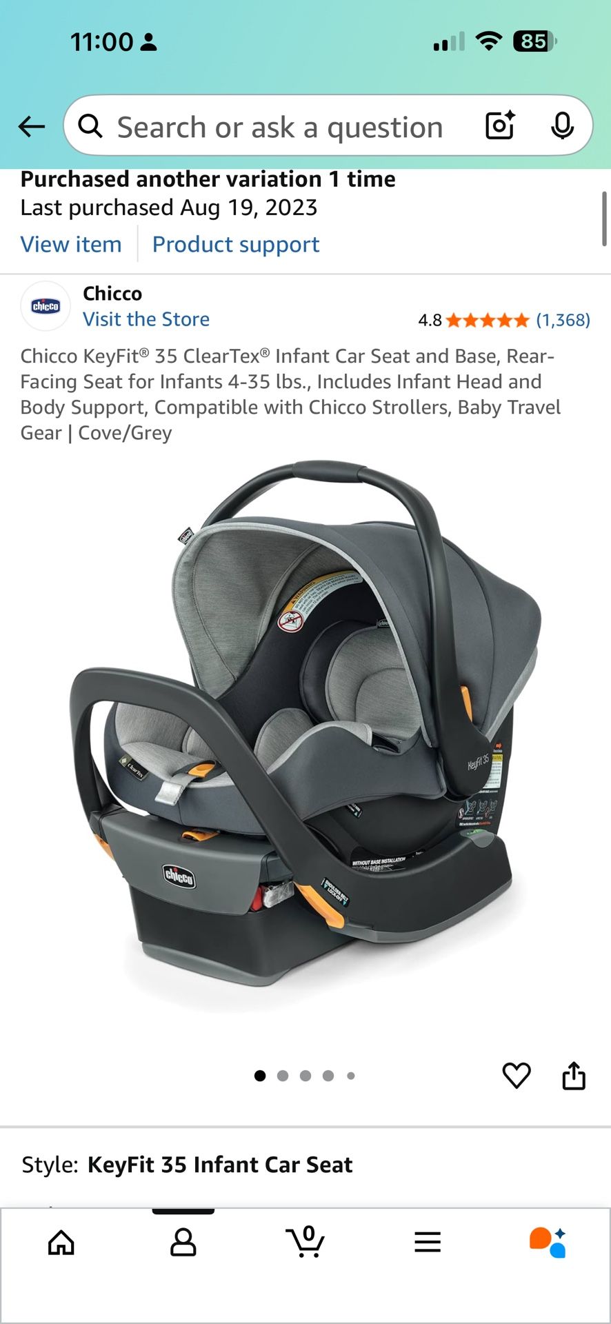 Chicco KeyFit® 35 ClearTex® Infant Car Seat and Base, Rear-Facing Seat for Infants 4-35 lbs