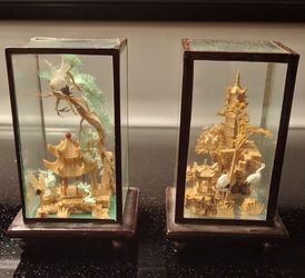 Chinese Cork Diorama Miniature Pair in Glass Cases