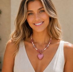 Handmade Pink Glass Beaded Necklace with Large Heart Pendant – Boho