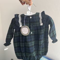 Edgehill Collection x Darby Fallon Clark Baby Girl Plaid Romper with Lace Collar (6M)
