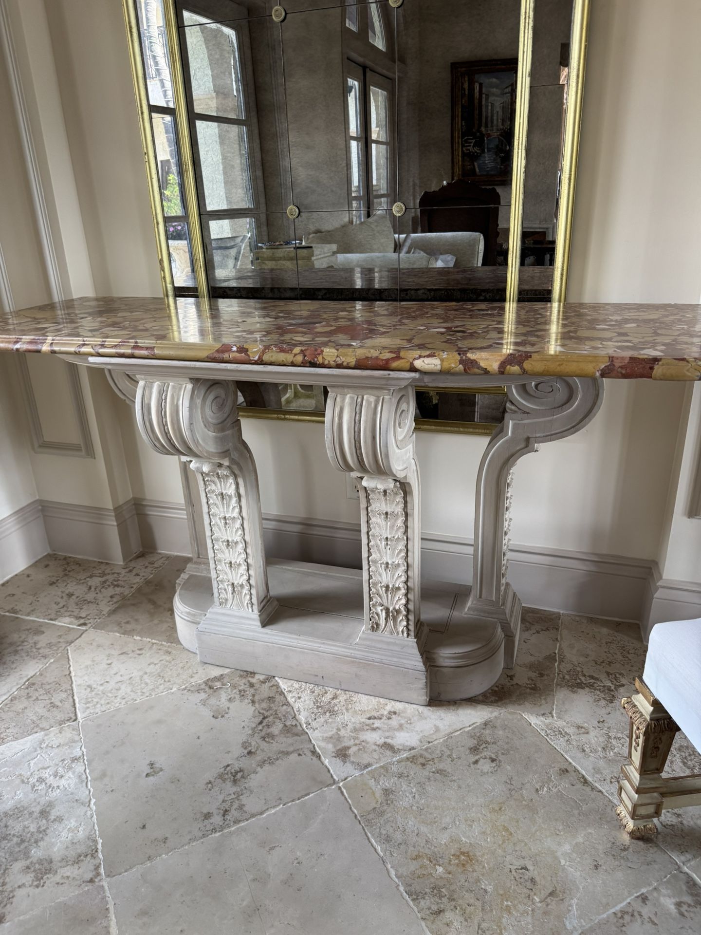 Beautiful Vintage console table w/ a multi-hued marble top. - Excellent Condition - 64” x 22” x 34” Asking $2200
