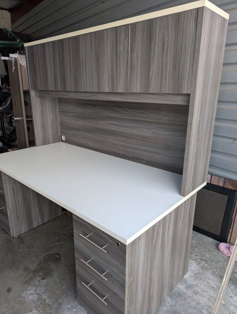 Grey And White Contemporary Desk With Hutch And Chair