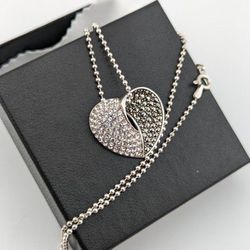 Sterling Silver 925 Marcasite and Cubic Zirconia stones Heart Beaded Necklace 18"