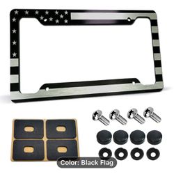 1PC USA Flag License Plate Frame, 4 Hole Black Patriotic Heavy-Duty Aluminum Personalized Car Tag Holder Cover, for Front Bumper/SUV, Screws, Caps