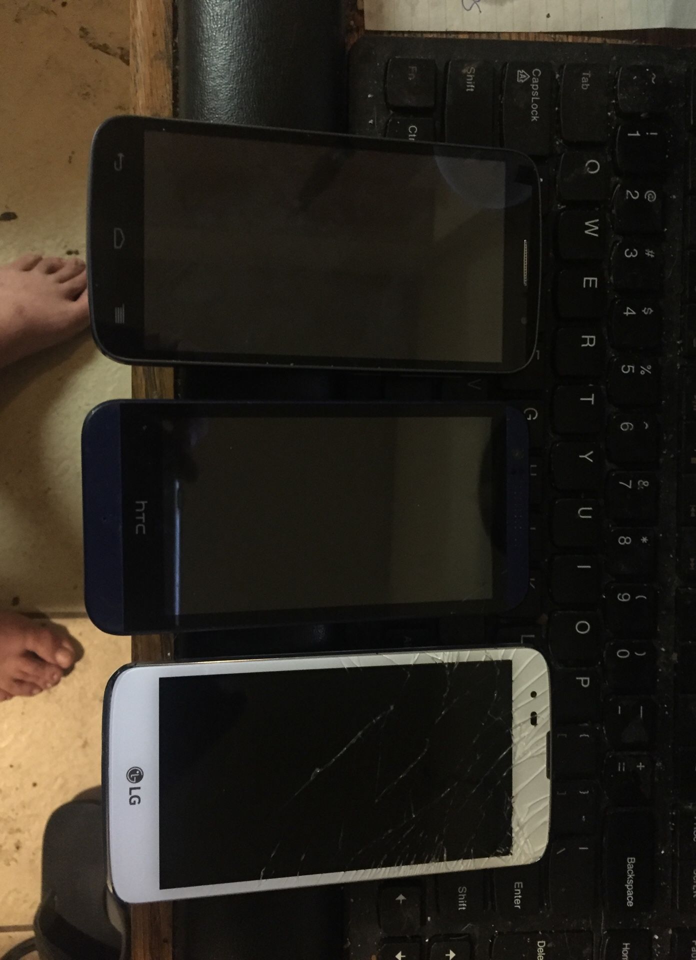 3 cellphone s one price. LG G2 metro pcs has broken screen/HTC not sure about it Alcatel one touch Virgin Mobile