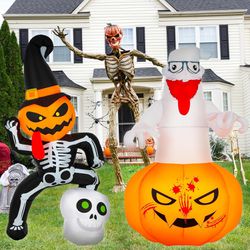 2 Pcs 5 FT Halloween Inflatables Decorations Ghost Pumpkin Skeleton Halloween Blow Ups with Build-in LED Lights for Holiday Indoor Outdoor Yard Garden