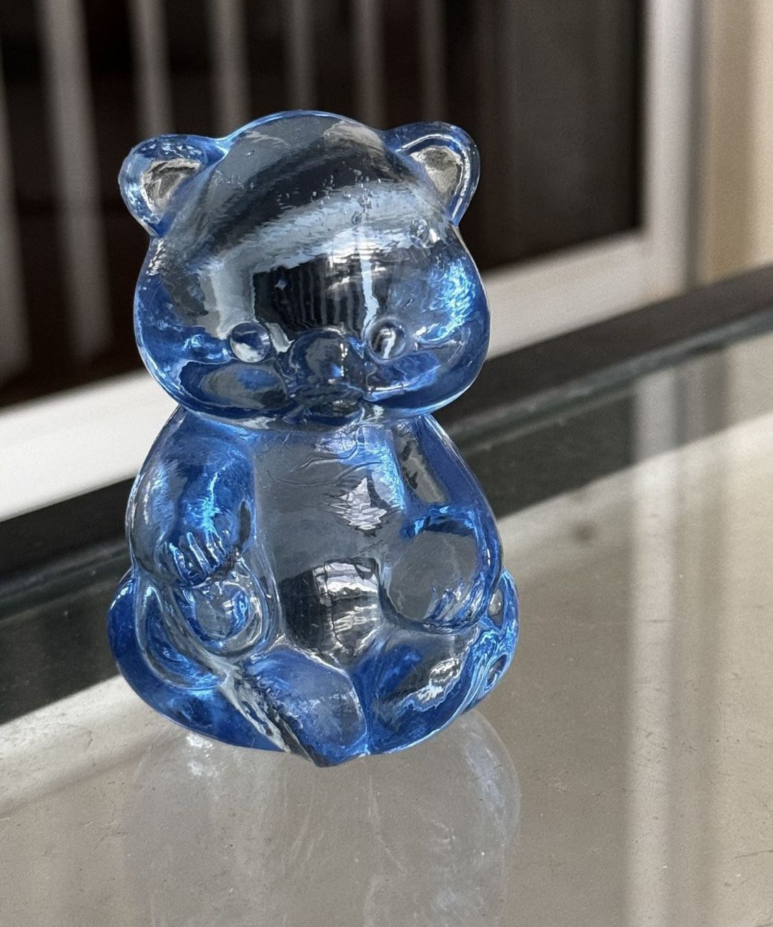 Vintage blue teddy bear glass figurine approx 3.5” tall In great condition  