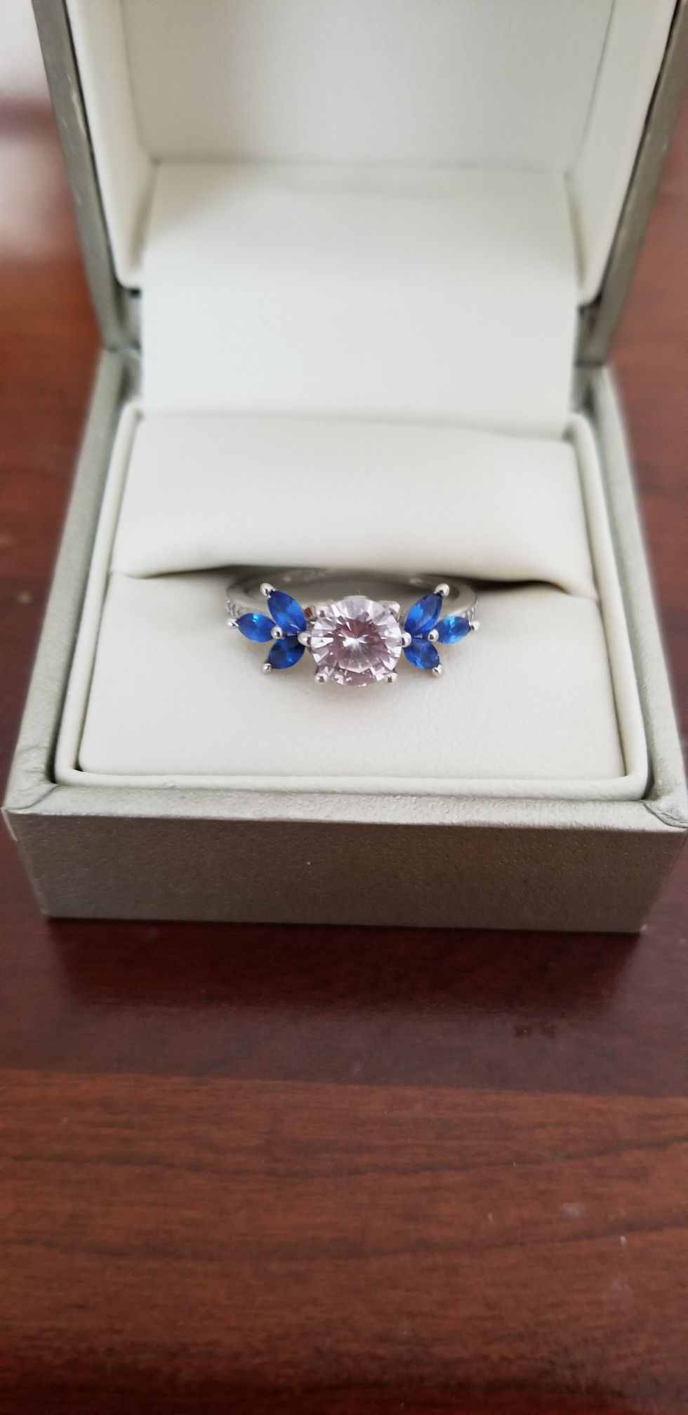 CZ sterling silver promise ring with blue rhinestones size 6