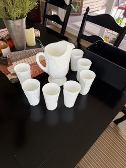 Milk Glass Pitcher and Tumbler Set