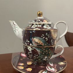 Grace Teaware Fine Porcelain Tea Set- Peacock & Floral Design, Gold Trim, Gift