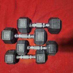 NEW. SET OF 10s.   15s  RUBBER COATED HEXHEAD DUMBBELLS TOTAL 50LBs  11525 S HALSTED DUNKIN DONUTS/7111.S WESTERN WALGREENS
 50$  CASH ONLY AS IS