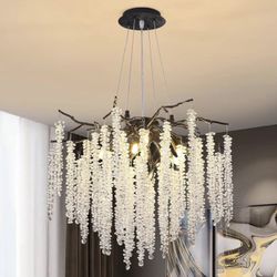 Modern Crystal Tree Branch Chandelier, D23.7'' Black Round Raindrop Indoor Hanging Branch Chandelier