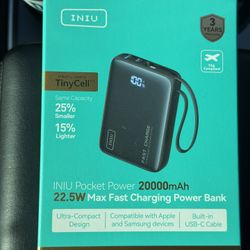 New In Box Iniu TinyCell Ultra Compact Design Powerbank w/ built in USB-C Cable 20,000 MaH