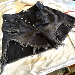 Distressed Unique Charcoal Denim Shorts Size 30 Unique Button Detailing