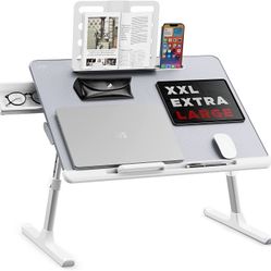 Laptop Bed Tray Desk, SAIJI Adjustable Laptop Stand for Bed, XX-Large PVC Leather Foldable Laptop Table with Wrist Rest, Book Stand (X-Large, Gray)