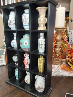 Black Wood Display Shelf with Porcelain petiteVase Collection