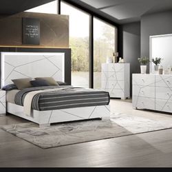 Brand New Elegant White Gloss Lined LED Queen Size Bedroom Set 